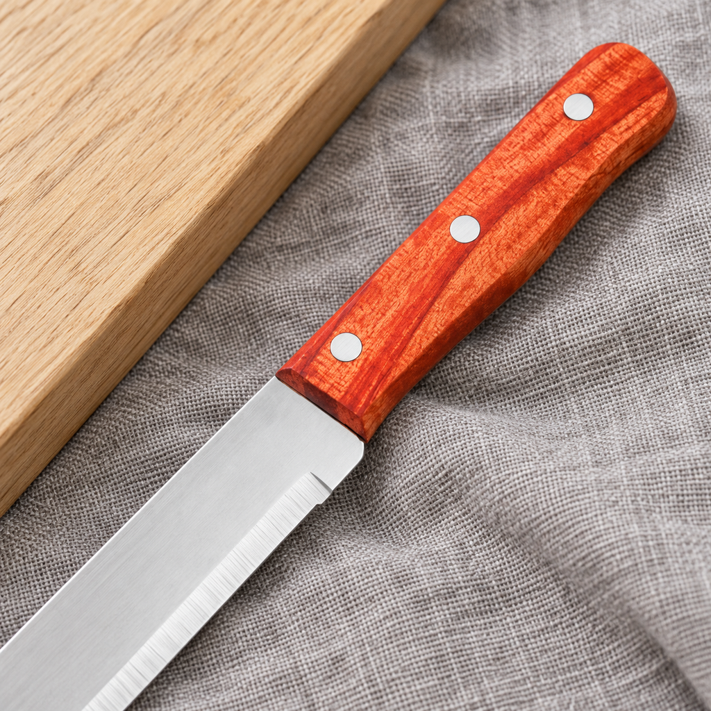 Detalle del mango de madera con tres remaches