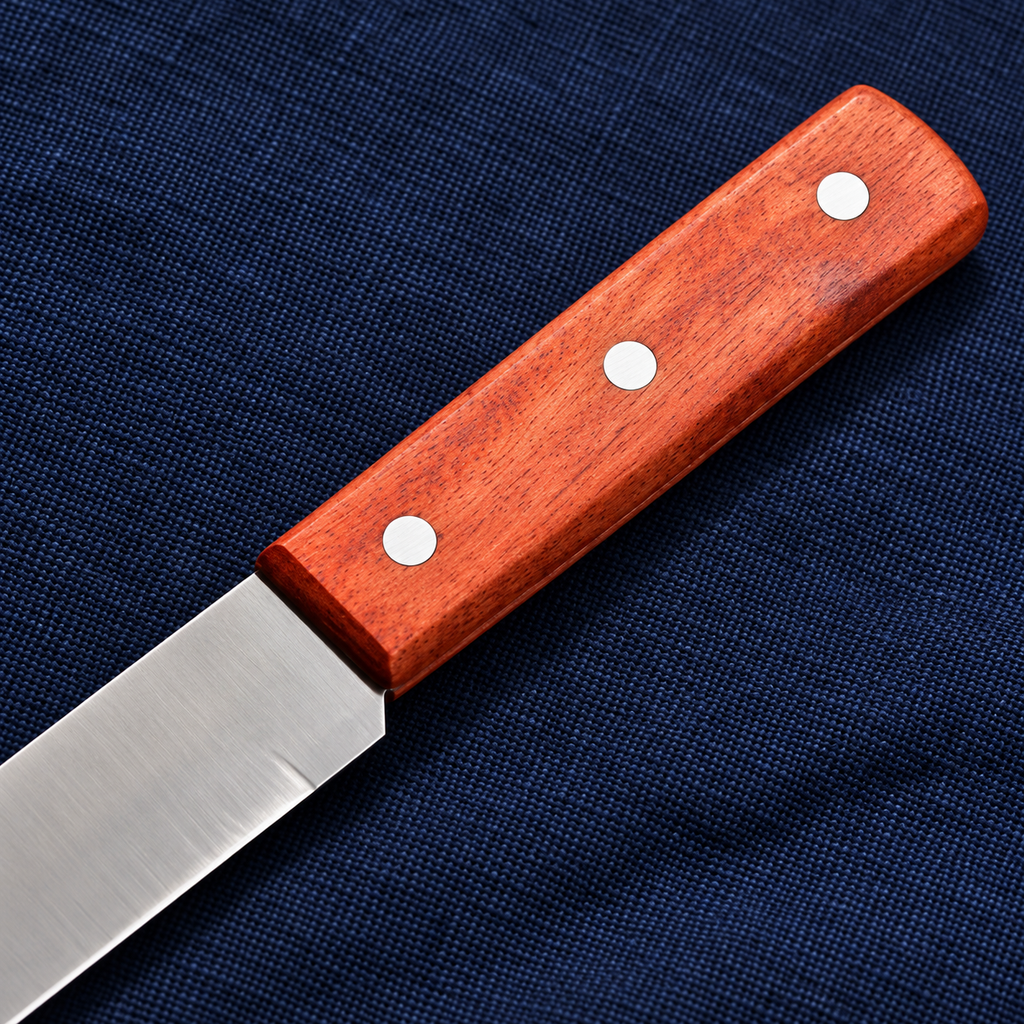 Detalle del mango de madera y remaches del cuchillo