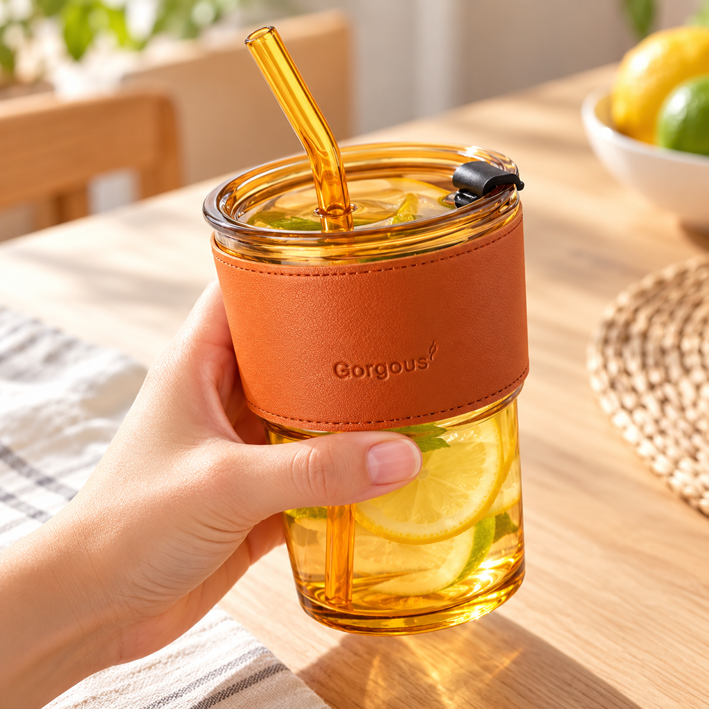 Vaso con funda en uso; bebida no incluida y color del popote al azar