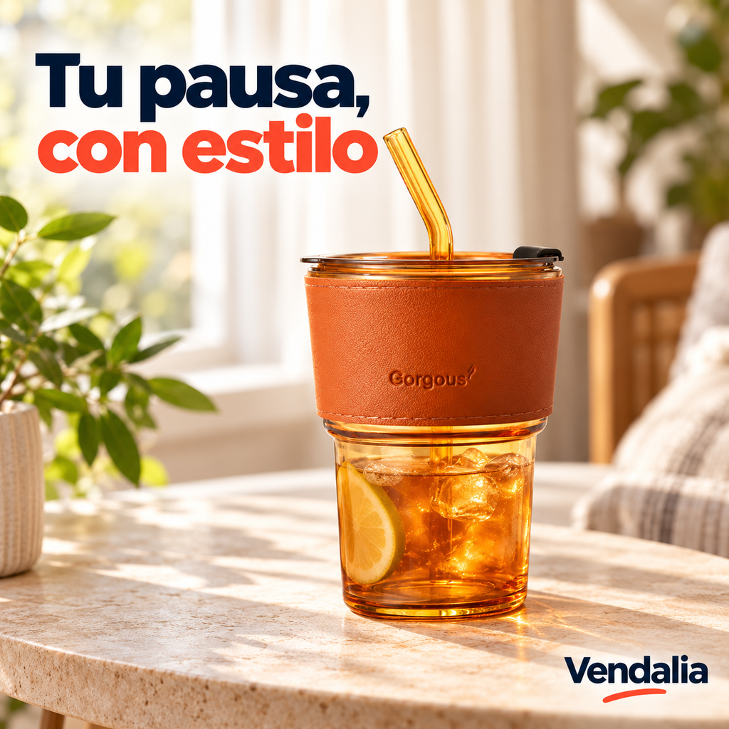 Vaso ámbar con funda, tapa y popote · portada Vendalia; color del popote al azar