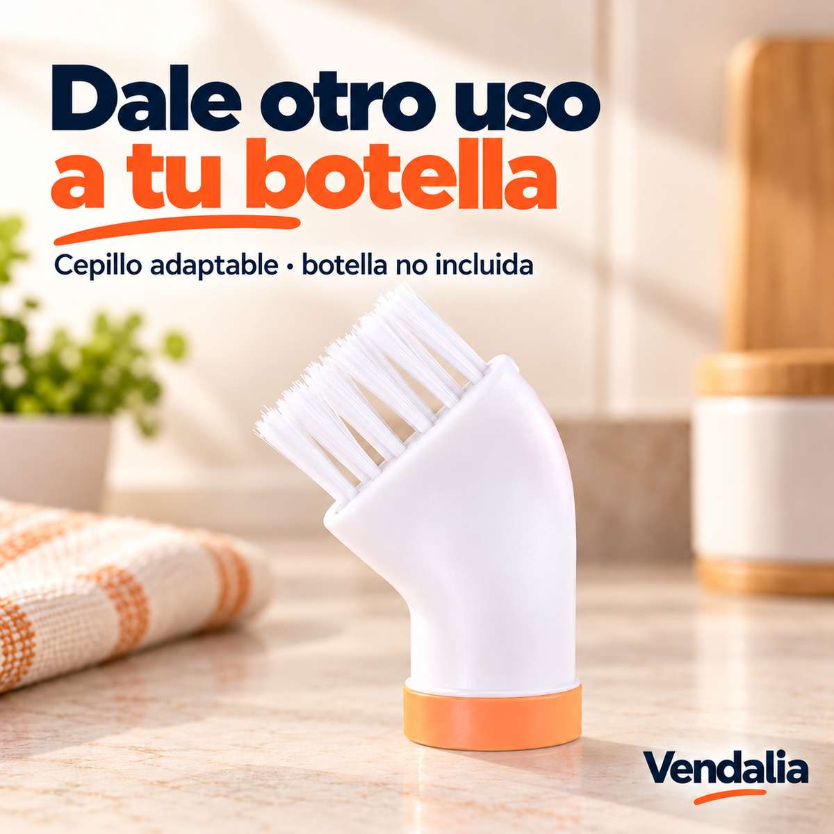 Cepillo blanco adaptable a botella con aro naranja, portada Vendalia