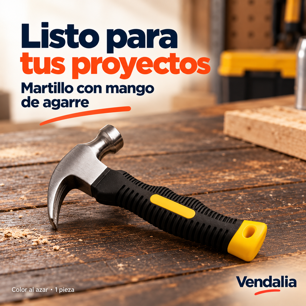 Martillo con mango de agarre — portada Vendalia. Modelo amarillo de muestra; color al azar según disponibilidad.