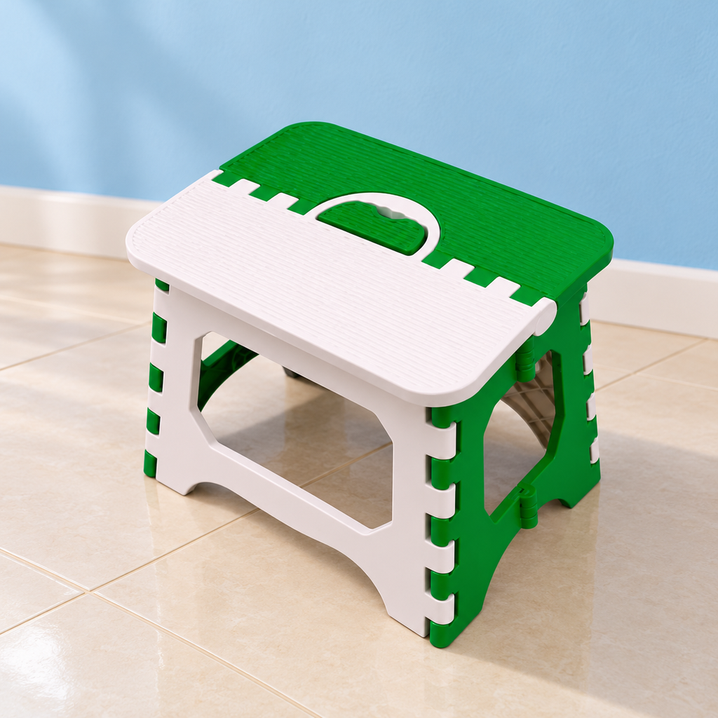 Taburete plegable verde con blanco · Vista lateral · SKU 52863