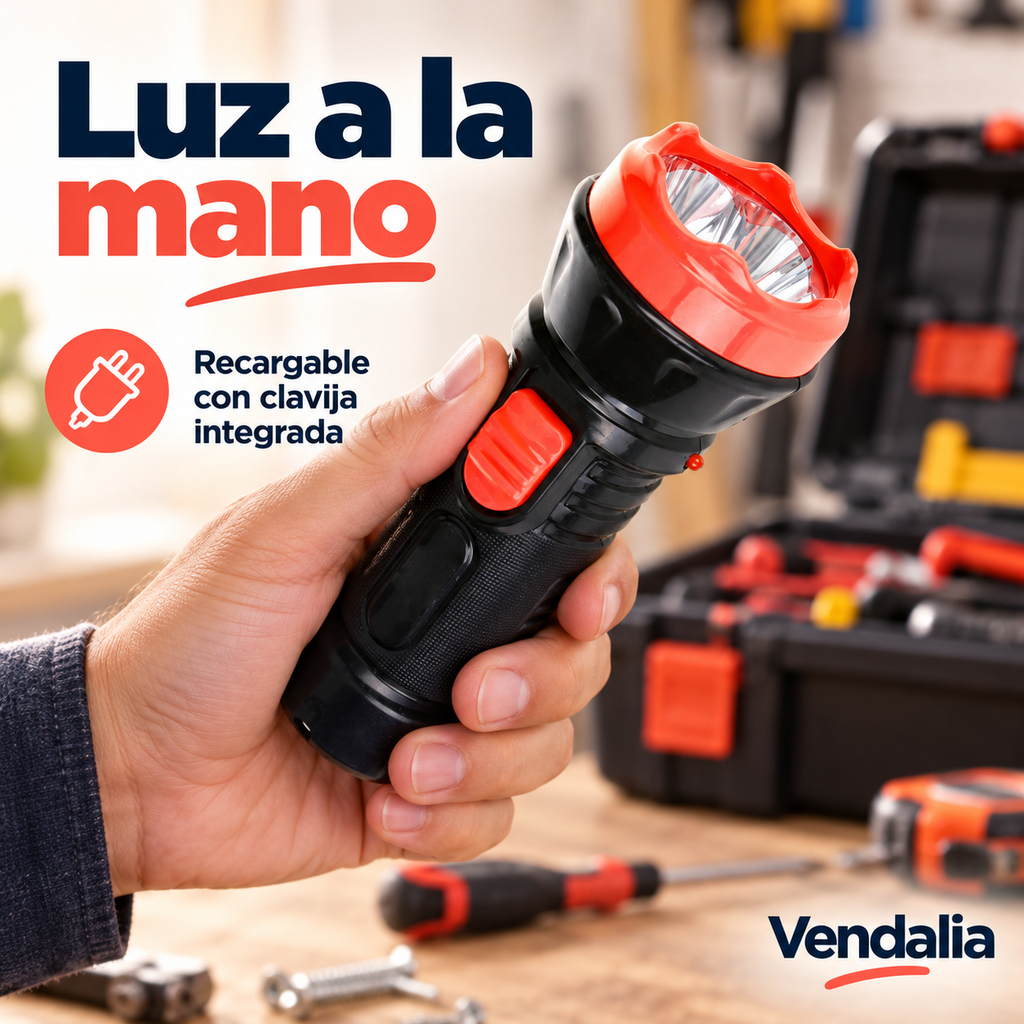 Linterna negra y roja recargable — portada Vendalia