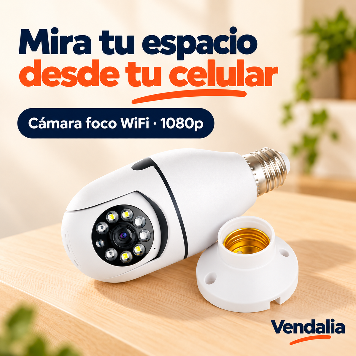 Cámara tipo foco WiFi blanca con rosca E27 y base.