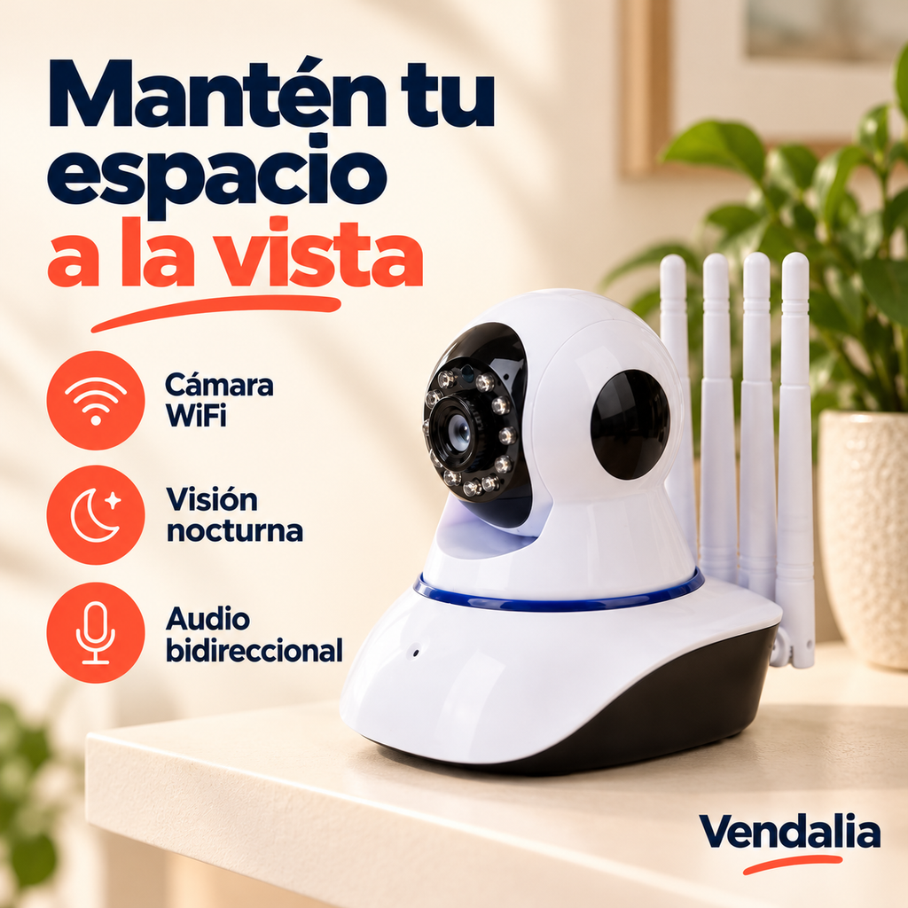 Cámara WiFi blanca con visión nocturna y audio bidireccional.