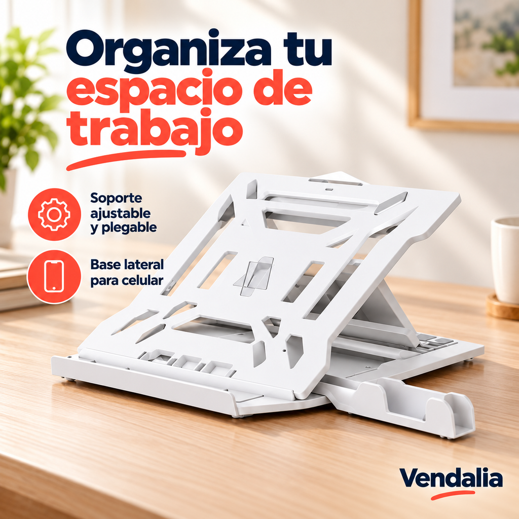 Soporte blanco ajustable y plegable para laptop, con base lateral para celular.