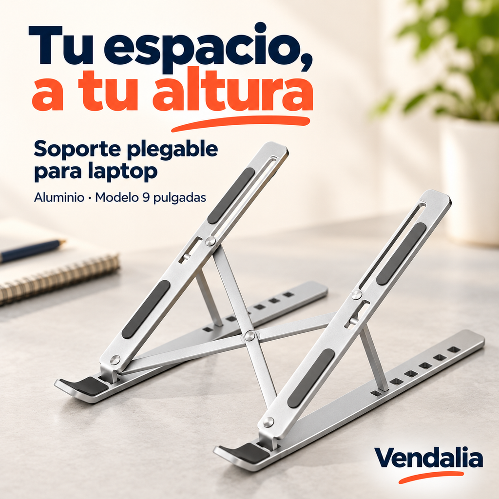 Soporte plegable de aluminio plateado para laptop, modelo de 9 pulgadas.