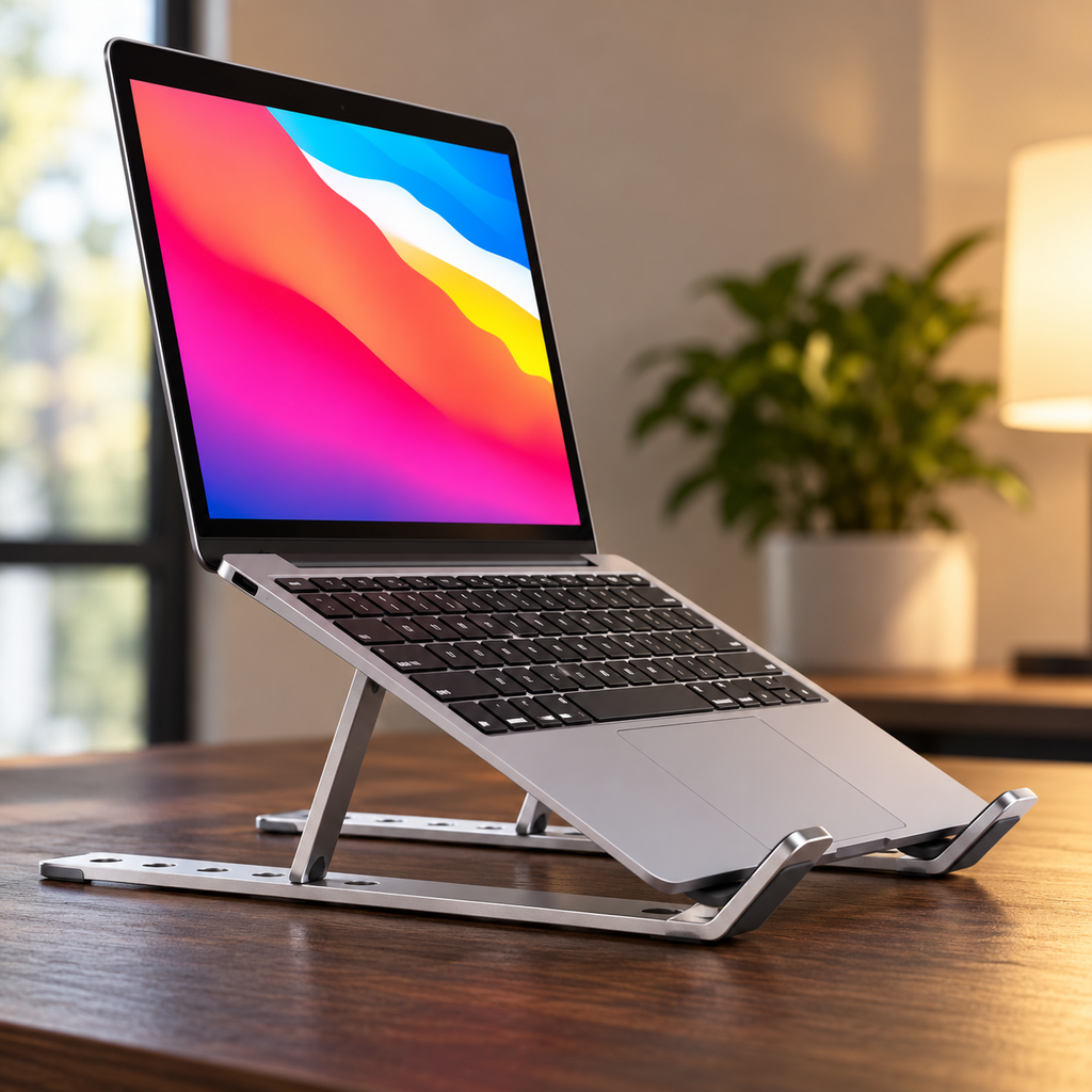 Soporte plateado en uso bajo una laptop; laptop no incluida.