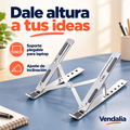 Soporte plegable plateado para laptop con inclinación ajustable.