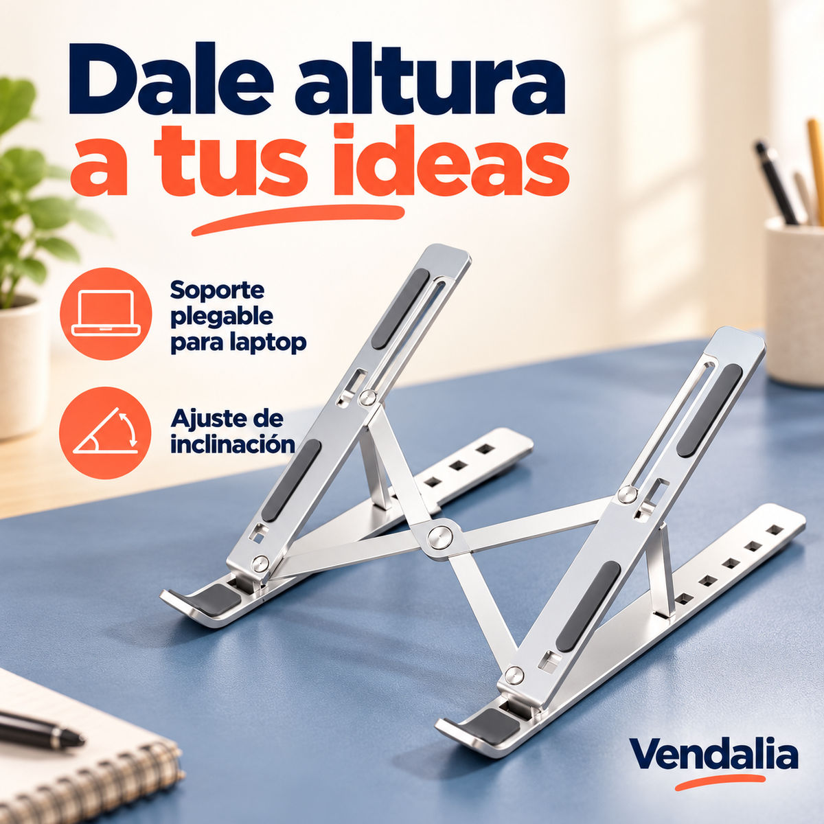 Soporte plegable plateado para laptop con inclinación ajustable.