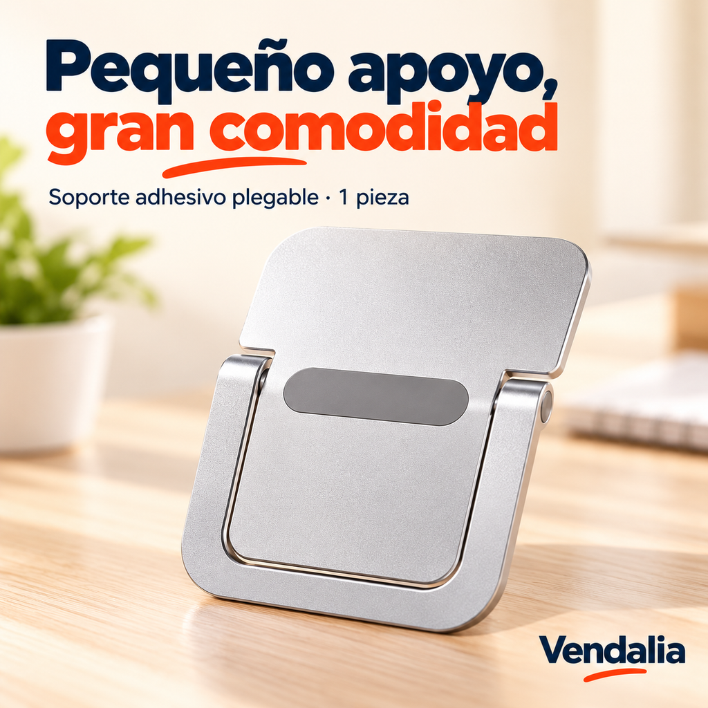 Soporte adhesivo plegable plateado para laptop; venta por pieza.