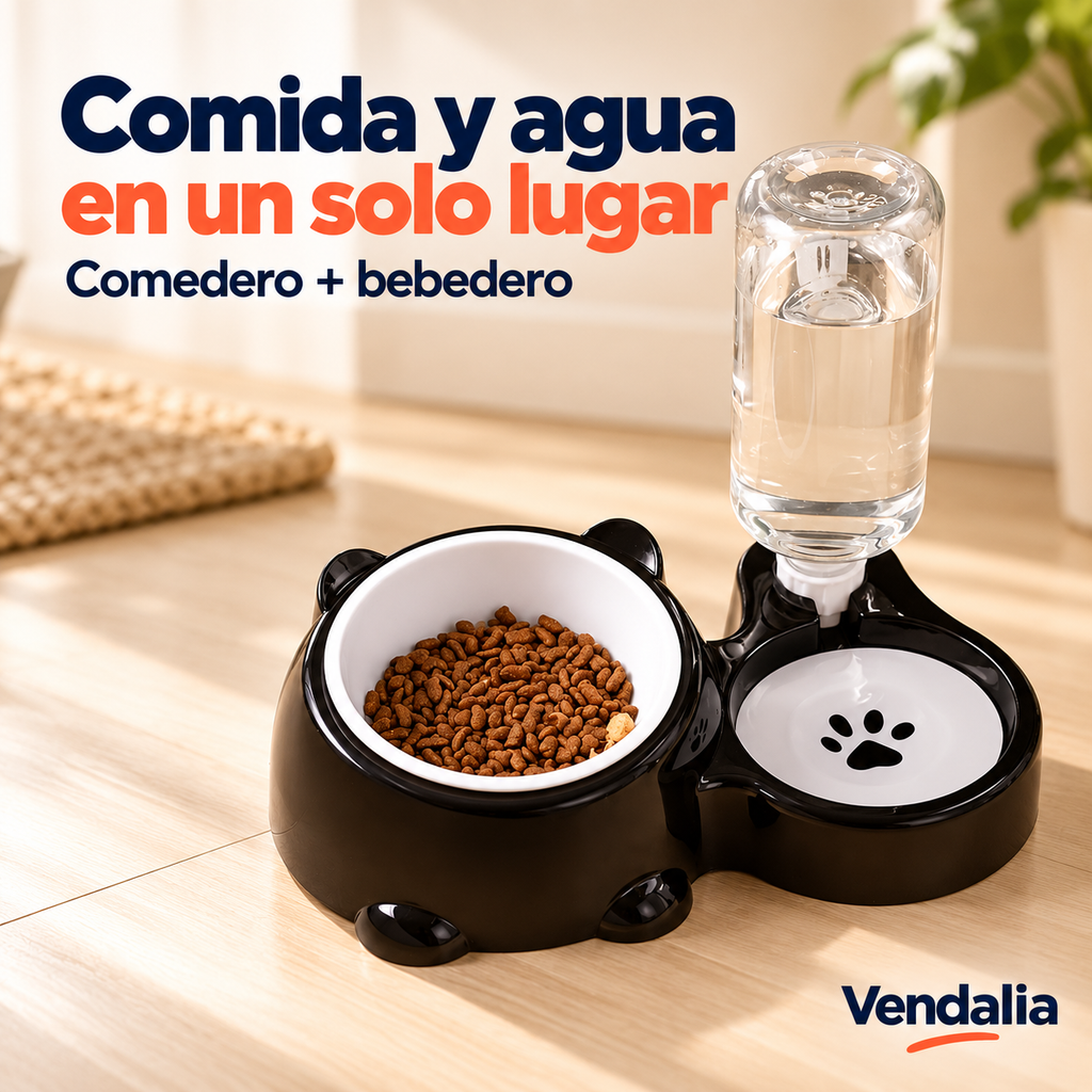 Comedero y bebedero negro con plato blanco y botella transparente — Vendalia