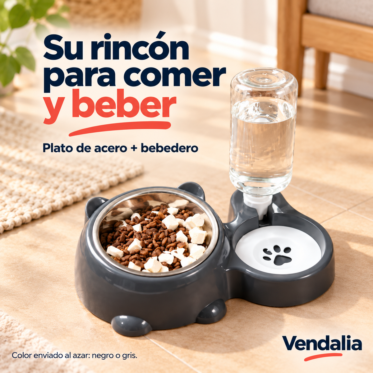 Comedero y bebedero con plato de acero, ejemplo de color gris — Vendalia