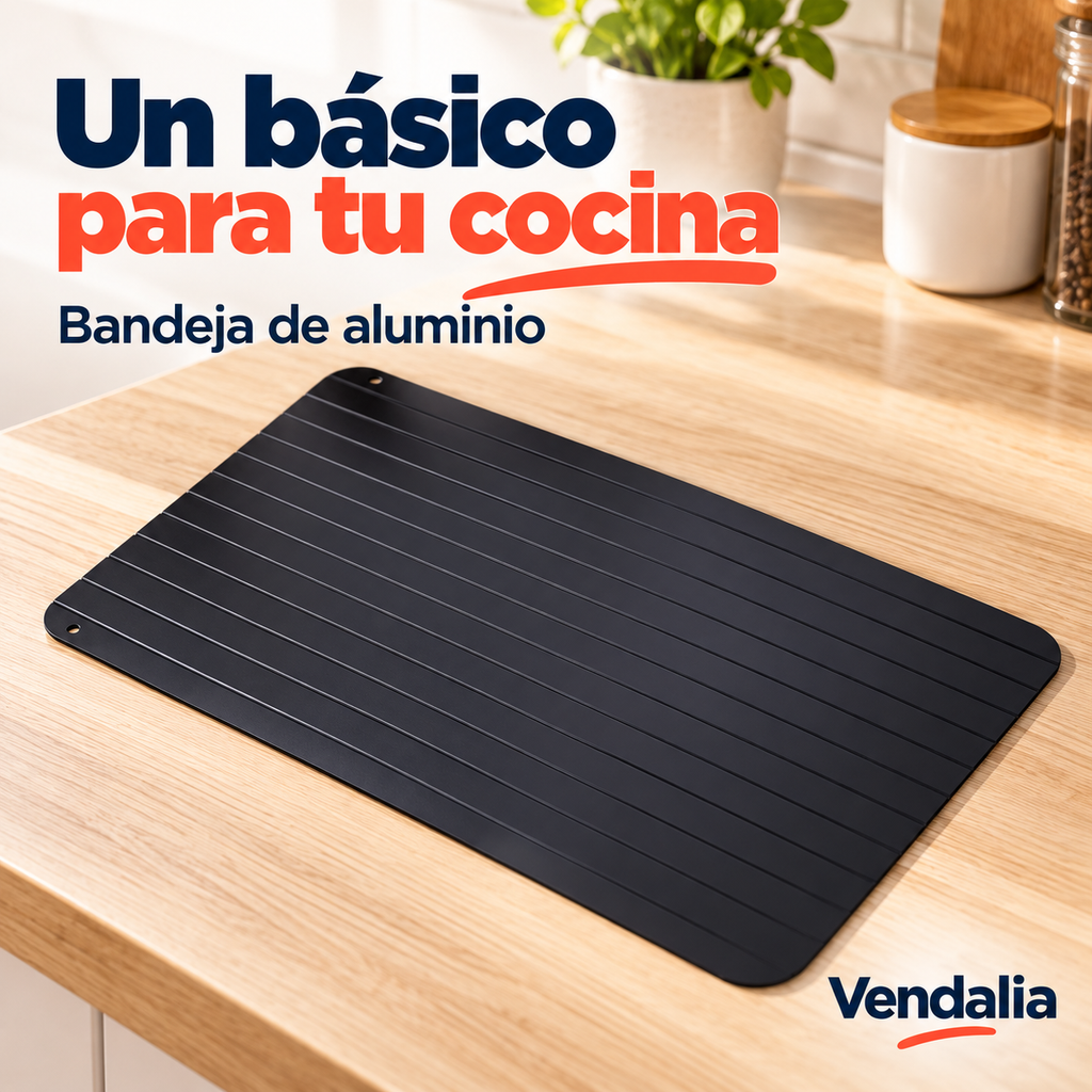 Bandeja de aluminio negra con ranuras y orificio en la esquina.