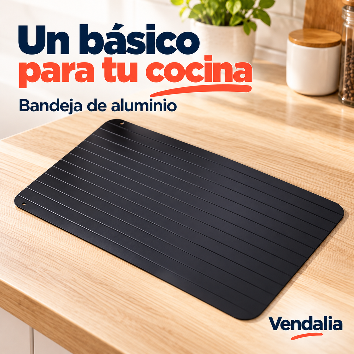 Bandeja de aluminio negra con ranuras y orificio en la esquina.