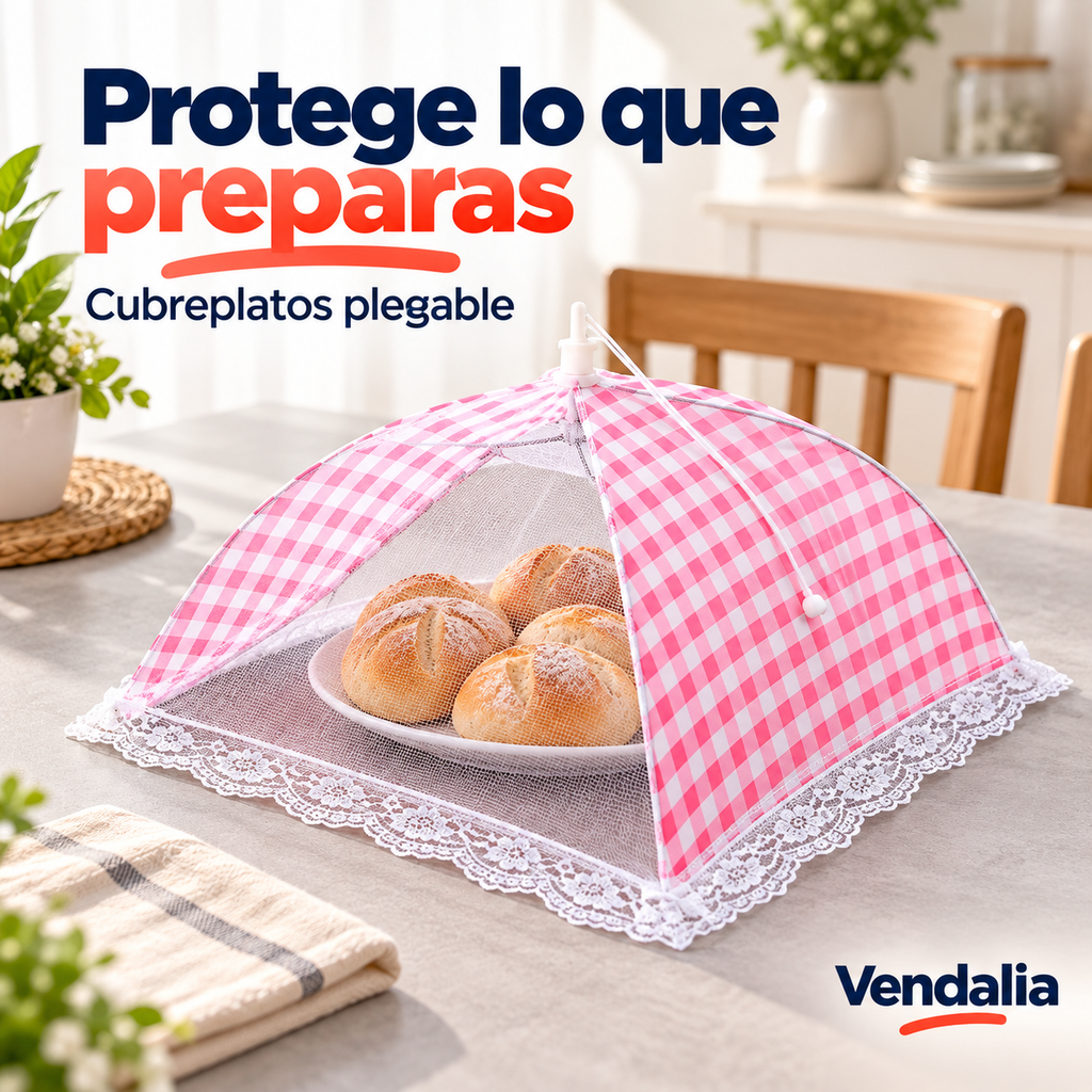Cubreplatos rosa a cuadros con paneles de malla y encaje.