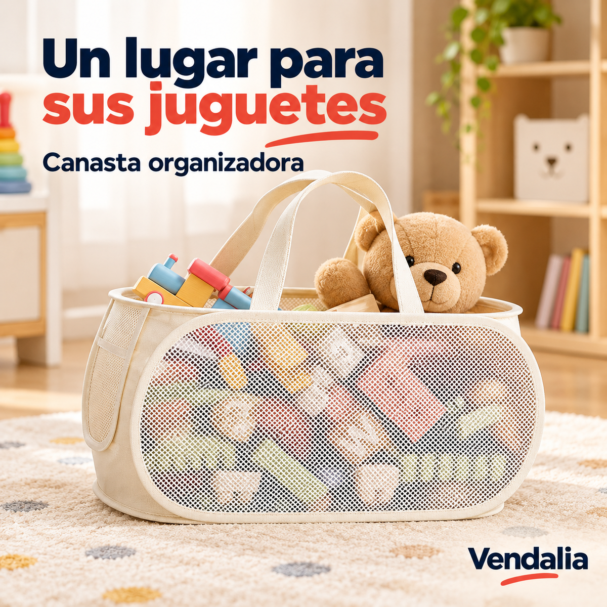 Canasta organizadora beige de malla blanca fina, lados ovalados alargados y dos asas de cinta beige — portada Vendalia
