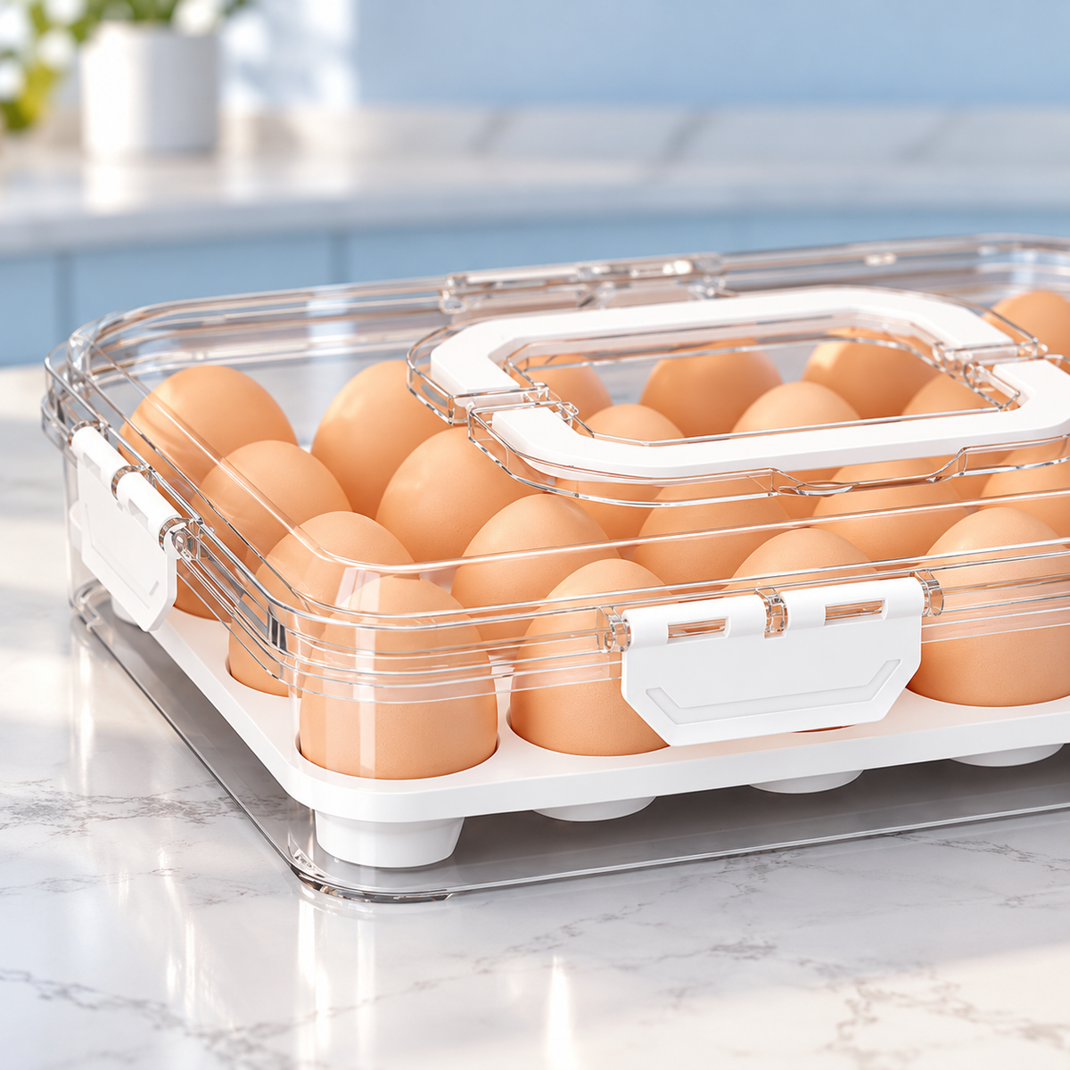 Detalle del cierre y asa del contenedor para huevos