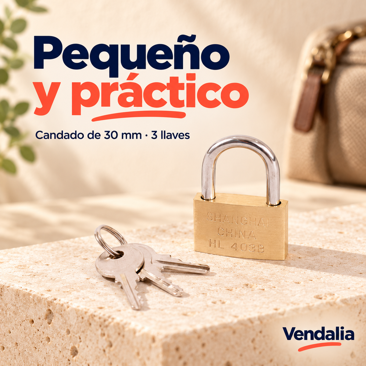 Candado dorado de 30 mm con tres llaves — Vendalia