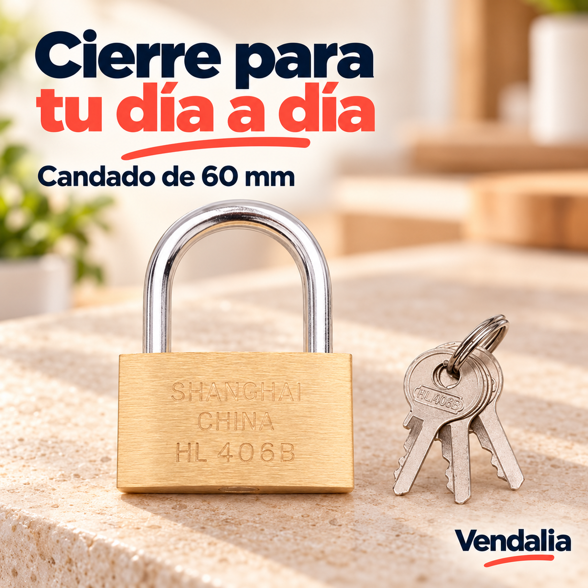 Candado de alta resistencia tipo latón con cuerpo de 60 mm de ancho · Portada Vendalia · SKU 53107