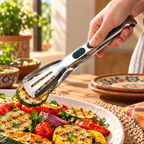 Pinza en uso para servir verduras; alimentos y plato no incluidos