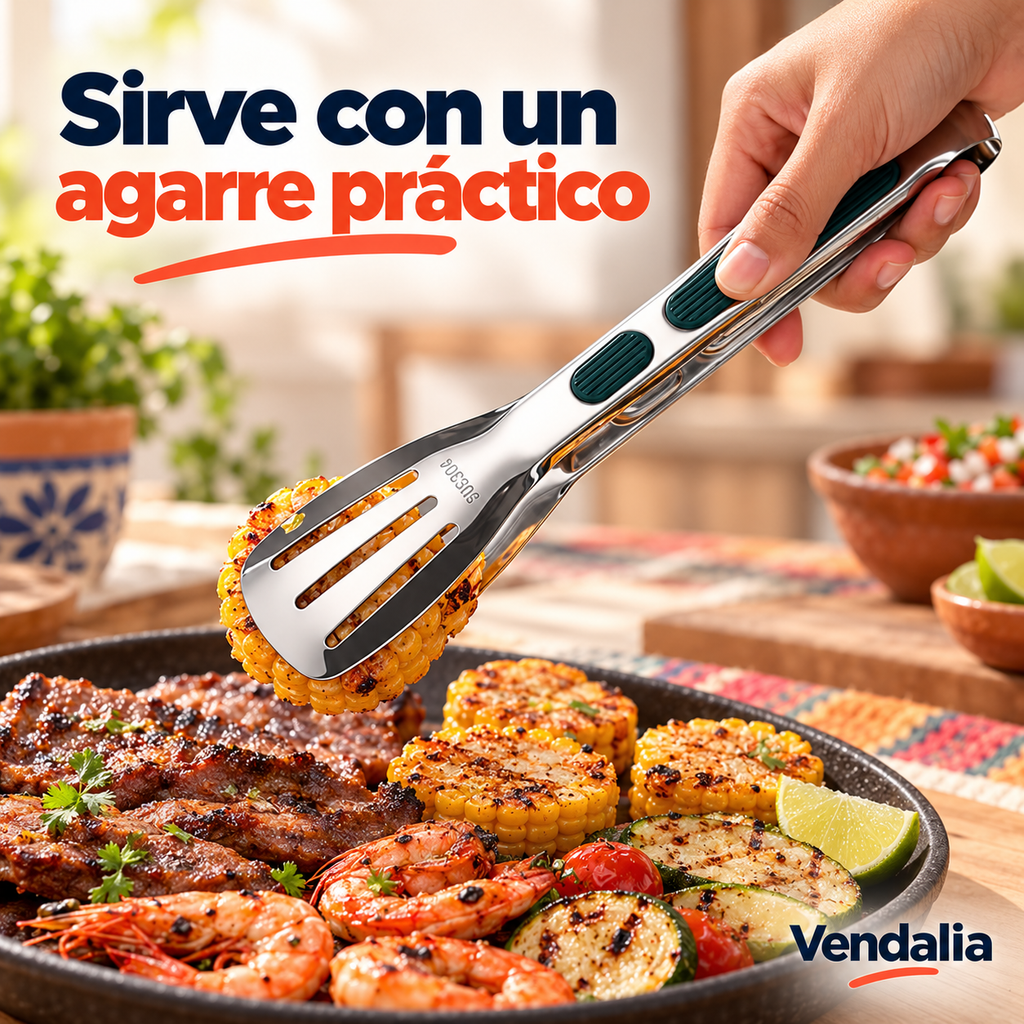 Pinza de acero inoxidable con detalles verdes · portada Vendalia