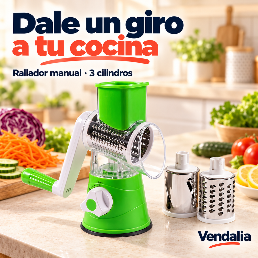 Rallador verde de manivela con tres cilindros intercambiables. Vendalia.