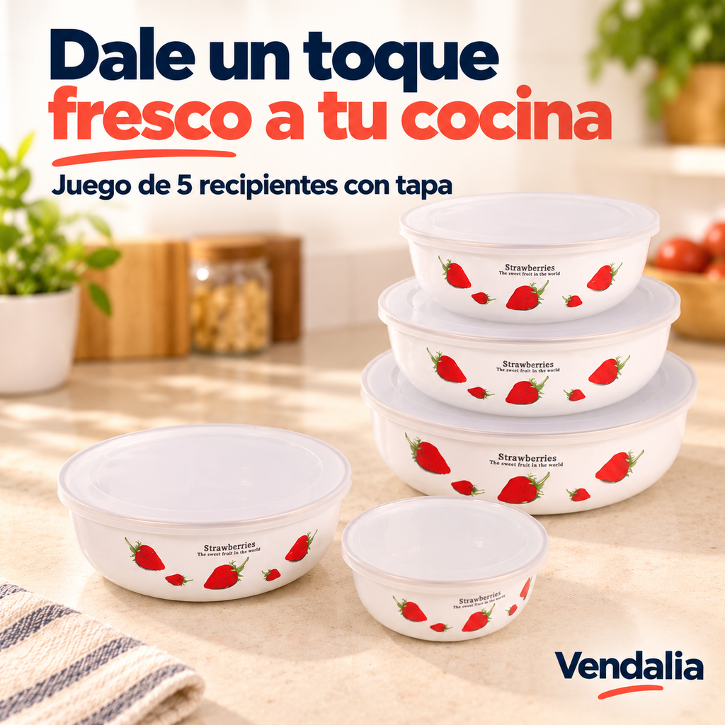 Juego de cinco recipientes esmaltados con fresas — Vendalia