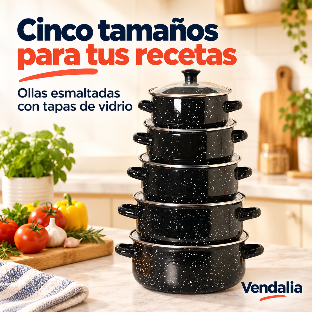 Juego de cinco ollas esmaltadas con tapas — Vendalia