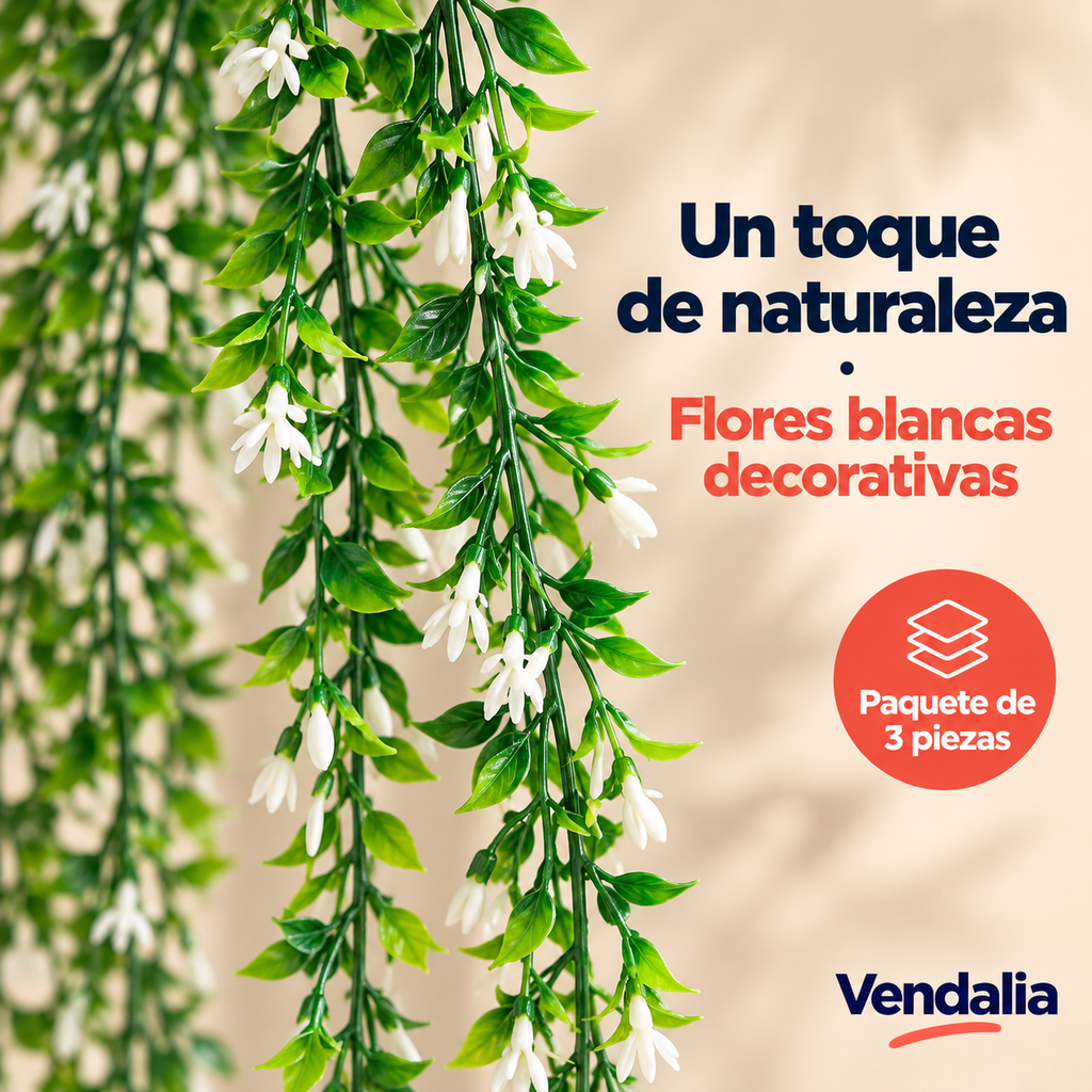 Planta artificial colgante de cinco tallos verdes con pequeñas hojas verdes y flores blancas alargadas de pétalos estrechos. — portada Vendalia