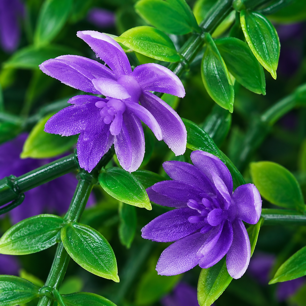 Flores artificiales moradas con hojas verdes pequeñas — detalle del producto