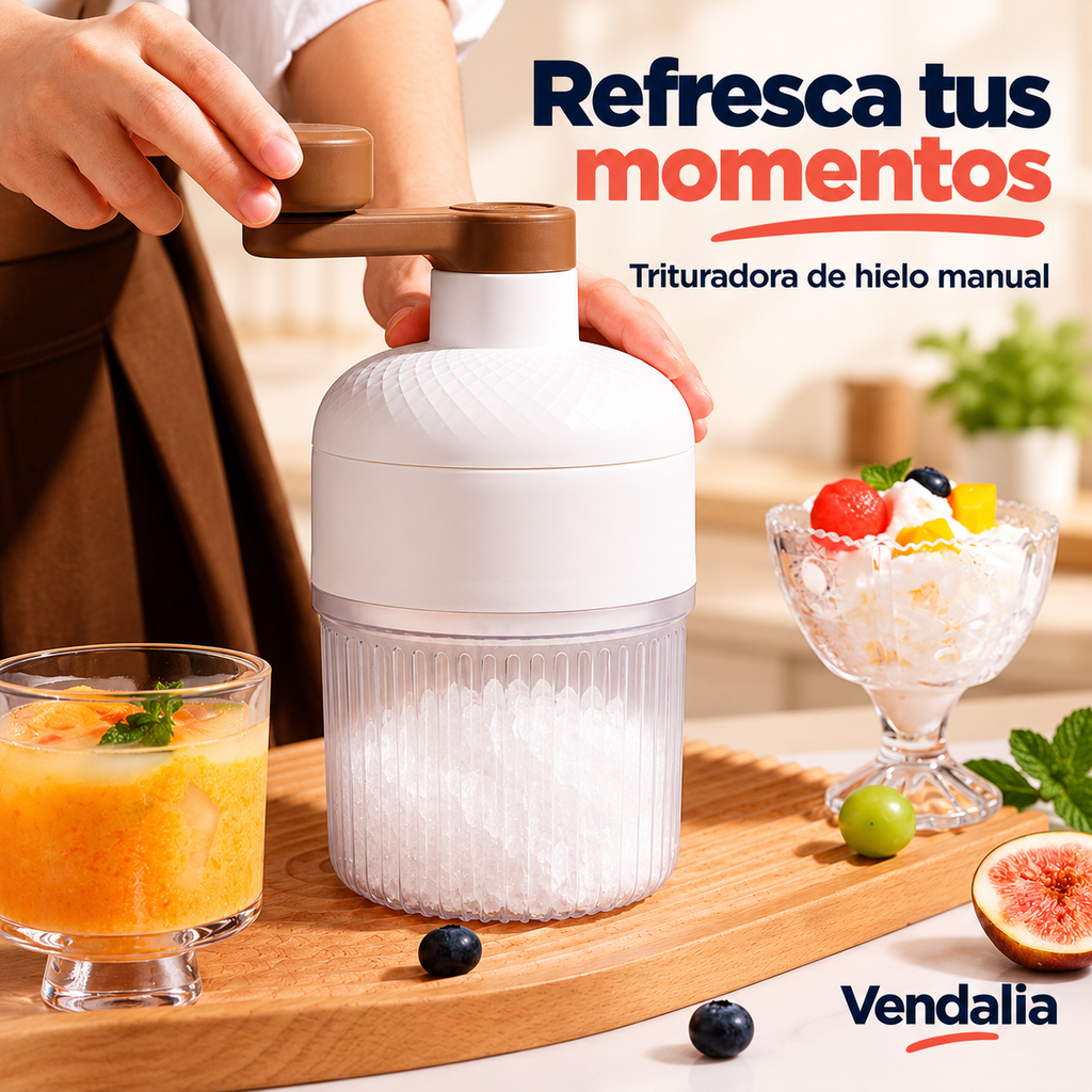 Trituradora manual de hielo blanca con manivela café. Vendalia.