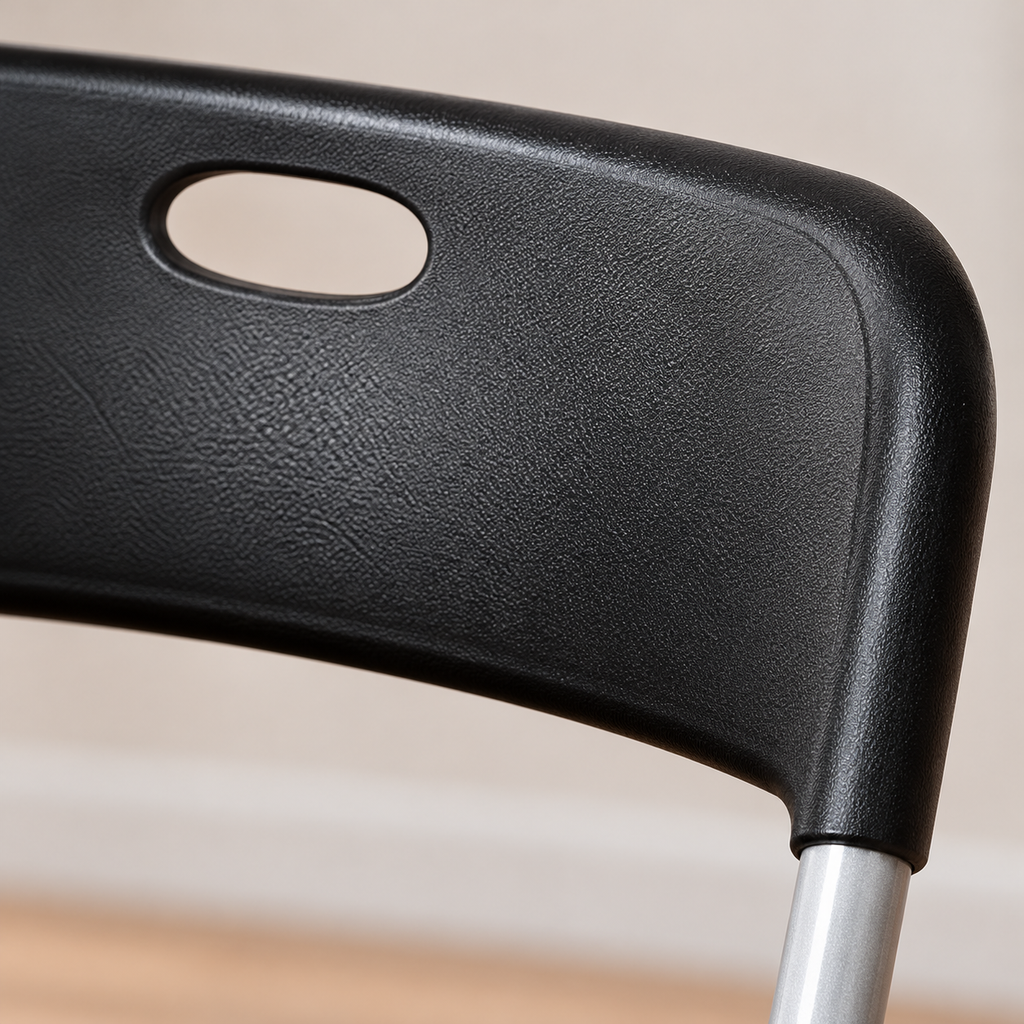 Detalle de Silla plegable de metal con asiento y respaldo de plástico