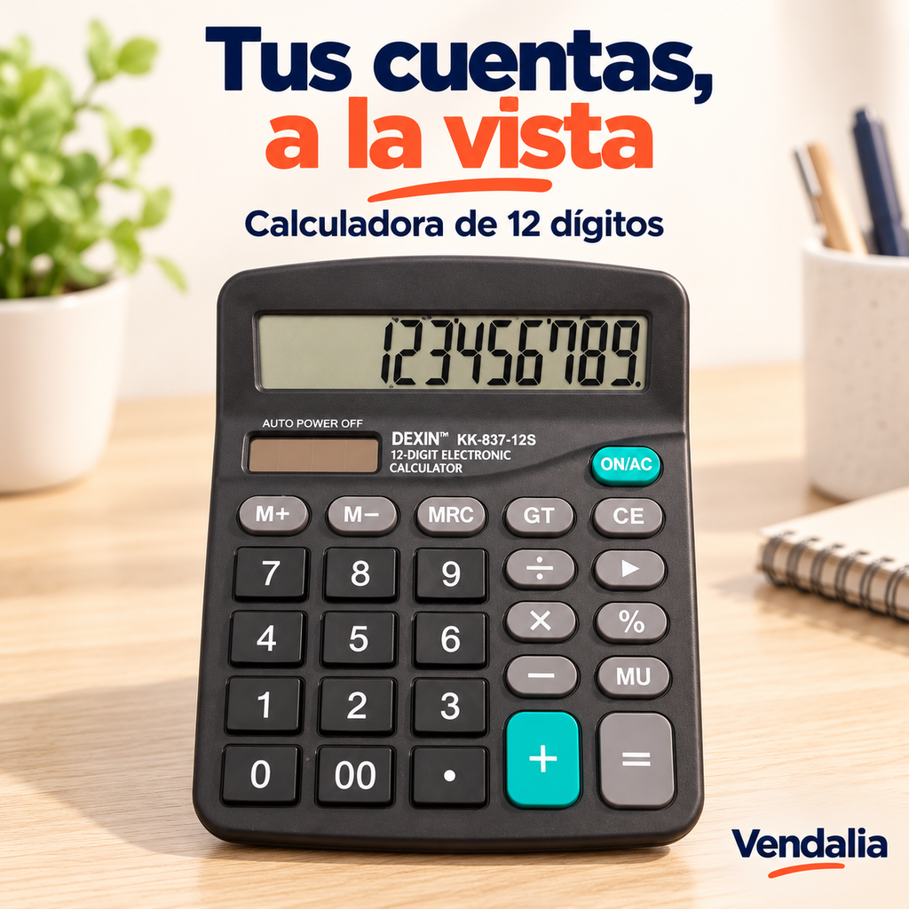 Calculadora de escritorio de 12 dígitos, negra con detalles verdes — Vendalia