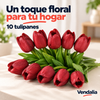 Tulipanes artificiales de silicona rojo vino con hojas y tallos verdes — portada Vendalia