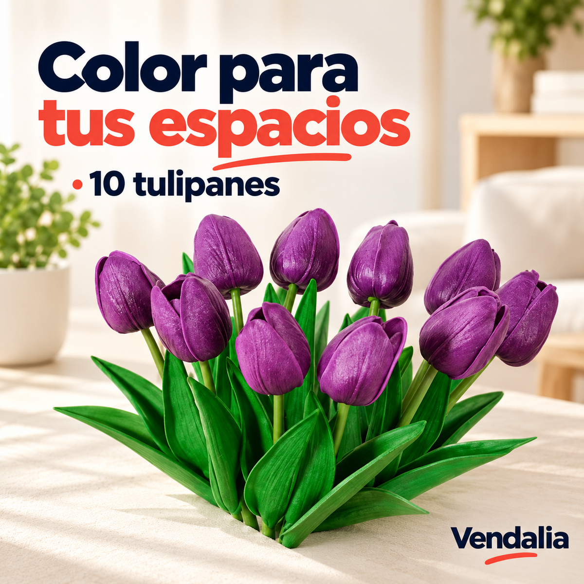 Tulipanes artificiales morados con tallos verdes — portada Vendalia