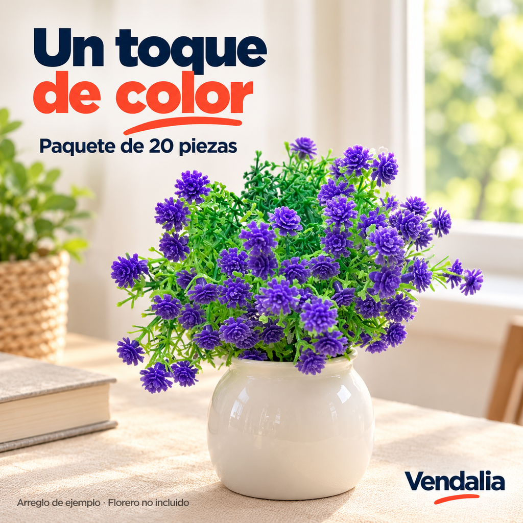 Ramillete de Flores Artificiales Silvestres Moradas · Paquete de 20 piezas · Portada Vendalia · SKU 53215