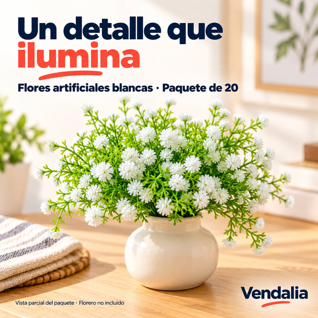 Ramillete de Flores Artificiales Silvestres Blancas · Paquete de 20 piezas · Portada Vendalia · SKU 53217