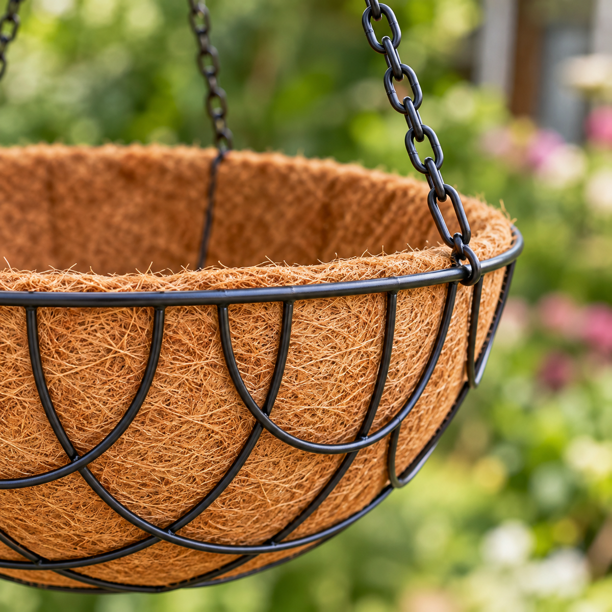 Maceta colgante tipo cesta hemisférica con forro de fibra marrón y estructura metálica negra de arcos entrelazados; tres cadenas negras al gancho superior, 31 cm diámetro y 15 cm profundidad. — detalle del producto