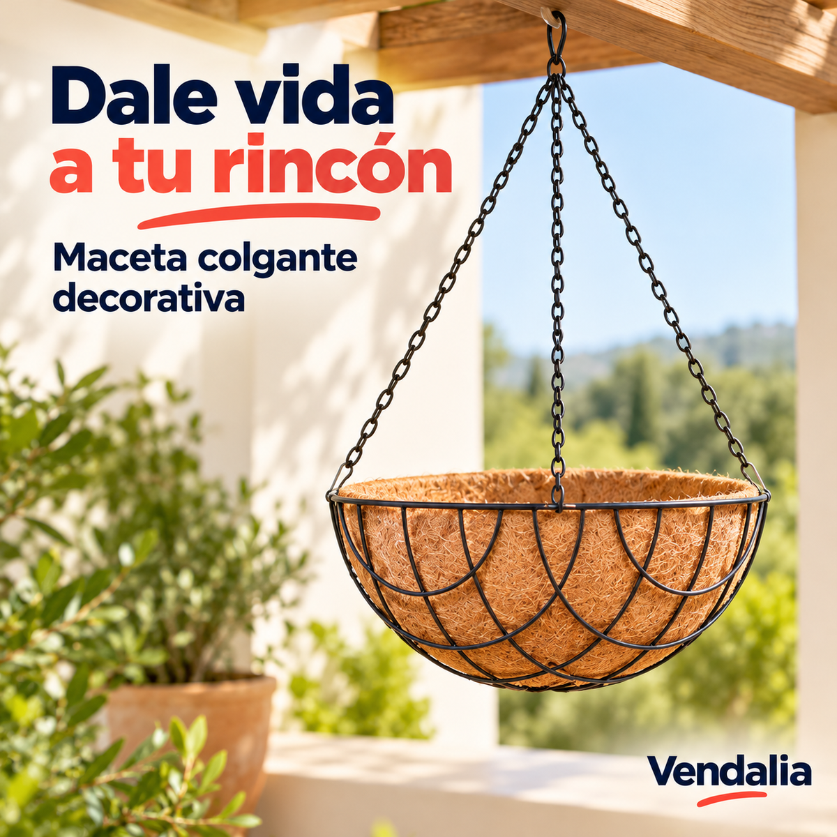 Maceta colgante tipo cesta hemisférica con forro de fibra marrón y estructura metálica negra de arcos entrelazados; tres cadenas negras al gancho superior, 31 cm diámetro y 15 cm profundidad. — portada Vendalia