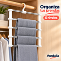 Organizador de ropa de cinco niveles con cinco barras metálicas cromadas horizontales, laterales blancos articulados y un solo gancho blanco central — portada Vendalia
