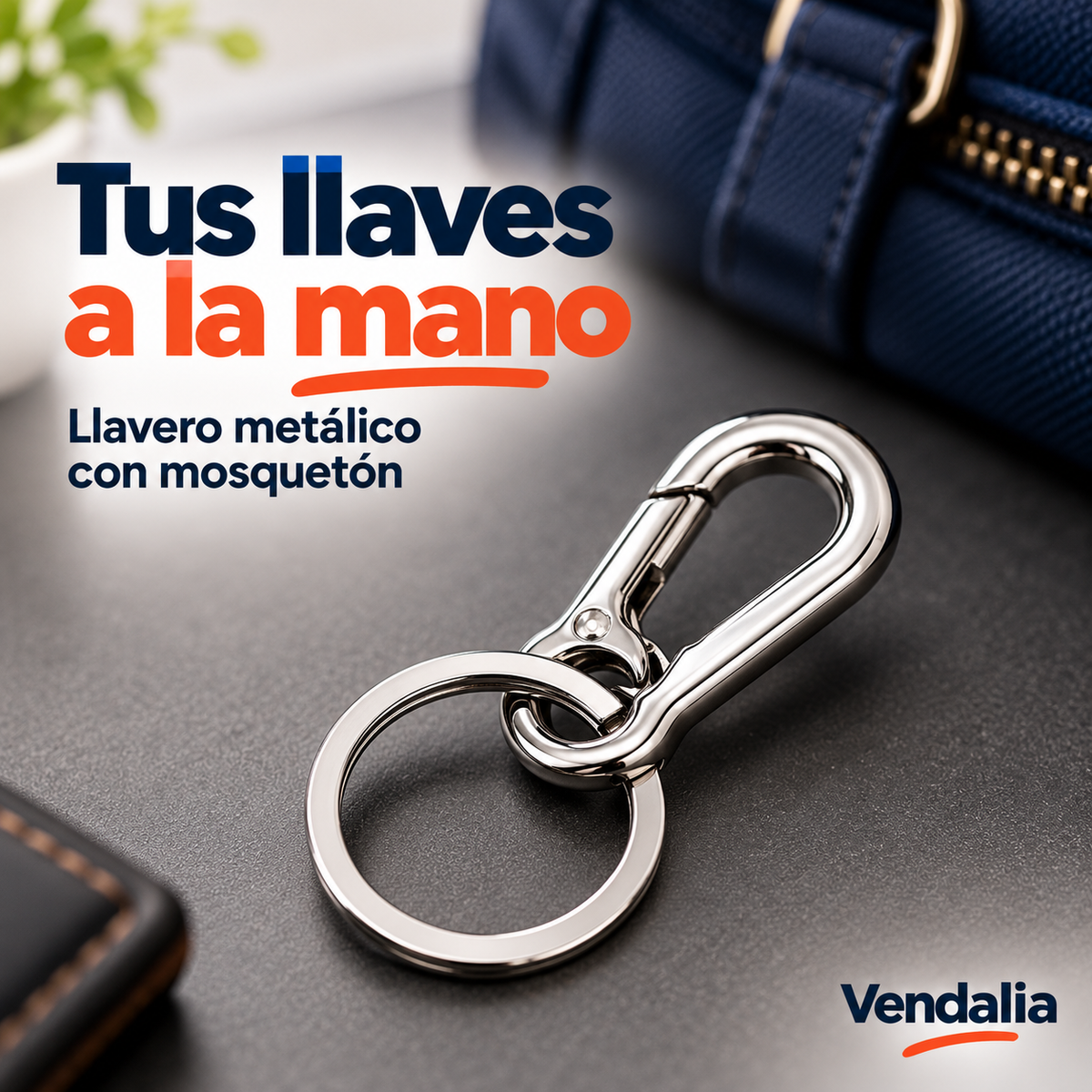 Llavero metálico con mosquetón — portada Vendalia.