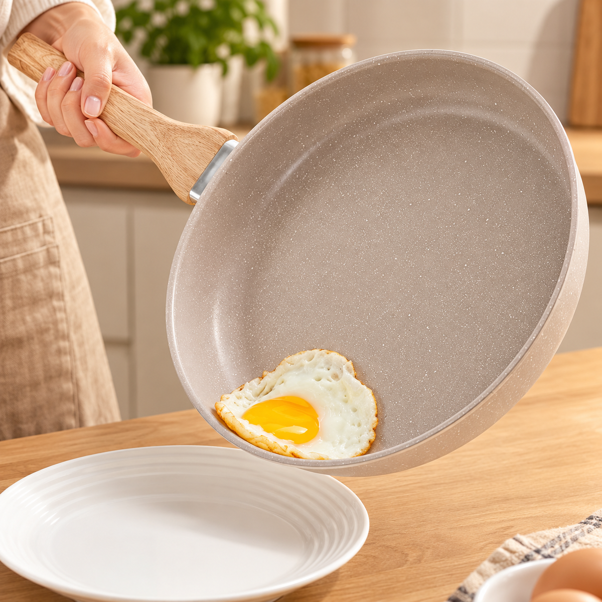 Sartén antiadherente beige sirviendo un huevo en un plato.