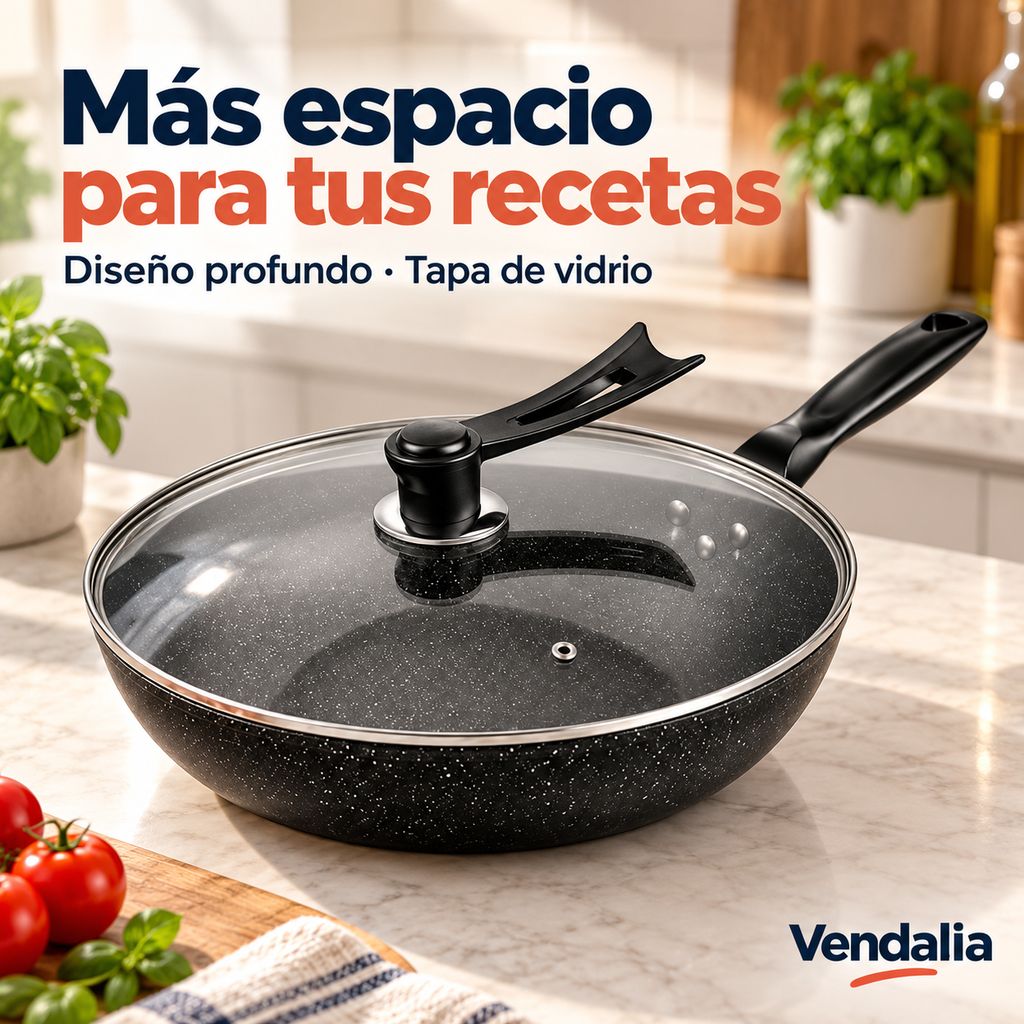 Sartén profundo negro con tapa de vidrio. Portada Vendalia.