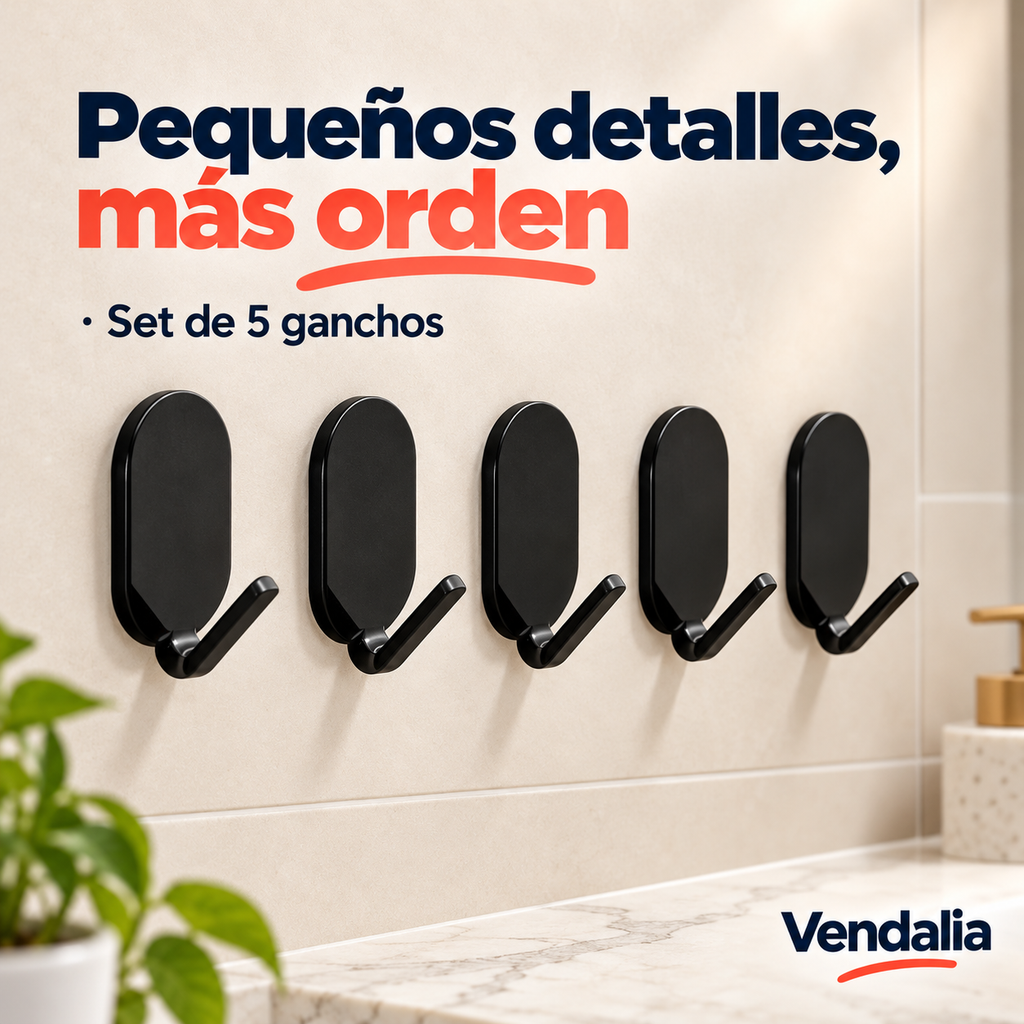 Ganchos adhesivos negros ovalados verticales, brazo corto inclinado hacia arriba desde base inferior — portada Vendalia