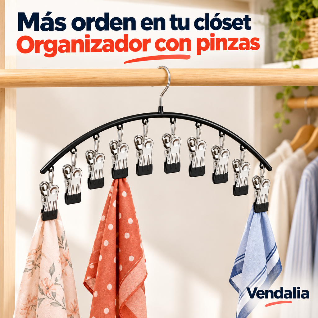 Gancho negro con diez pinzas metálicas — portada Vendalia