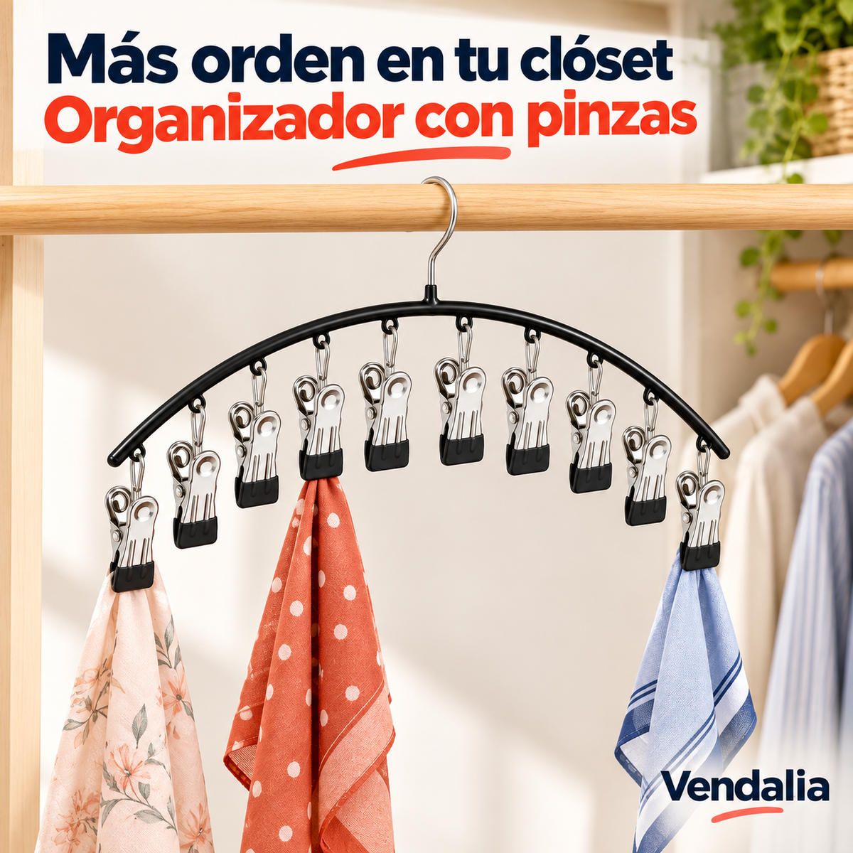 Gancho negro con diez pinzas metálicas — portada Vendalia