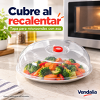 Tapa transparente de microondas con asa roja. Portada Vendalia.