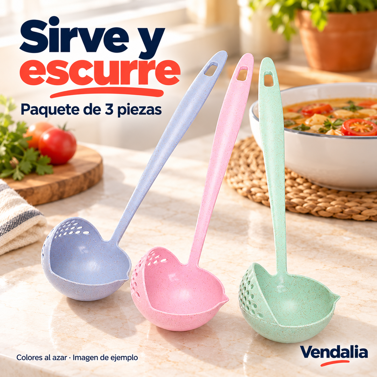 Cucharones coladores, ejemplo de colores surtidos del paquete de 3 — presentación Vendalia